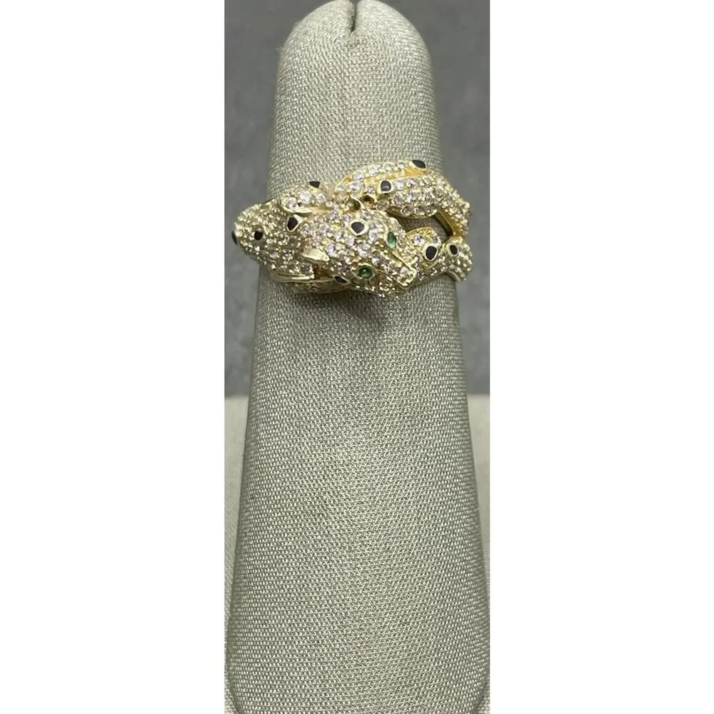 14K Yellow Gold Leopard Ring W/ Green Eyes W/ White Stones, Black spots (22072)